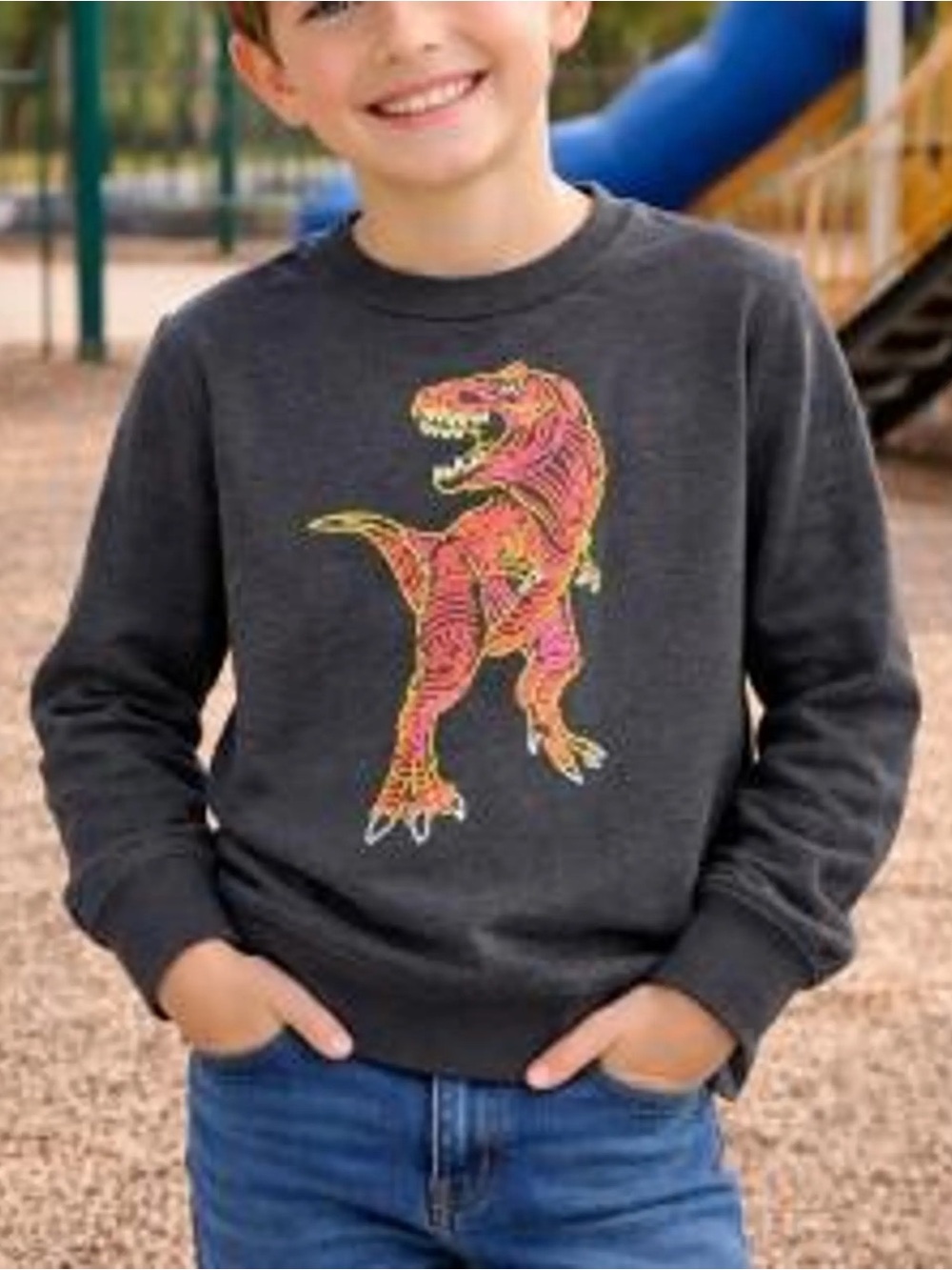 Cat & jack Boys Charcoal Sweatshirt with Neon T-Rex Graphic size 8/10